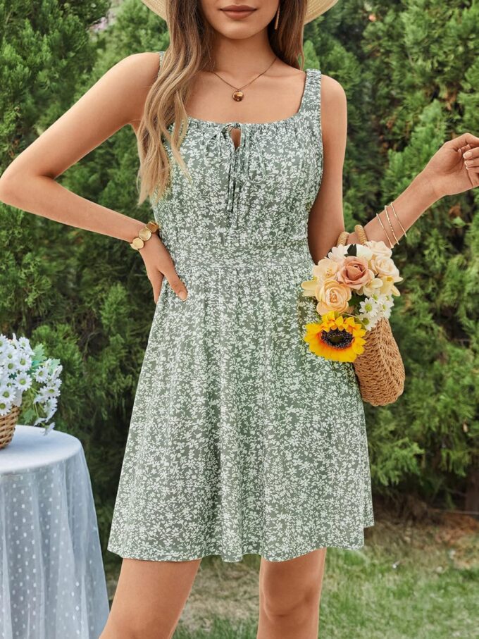 Loemes Women's Summer Cute Square Neck Mini Dress with Pocket Juniors Floral Sleeveless Tie Front Flowy Beach Sundress – Bild 4
