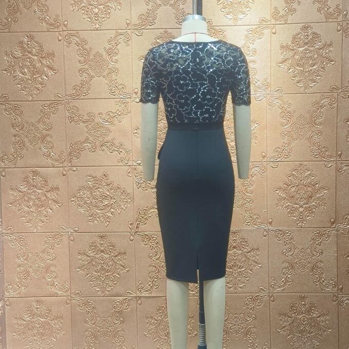 Cololura Women Elegant Floral Lace Patchwork Sequin Church Ruffle Hem Ruched Bodycon Work Midi Formal Party Pencil Dress – Bild 8