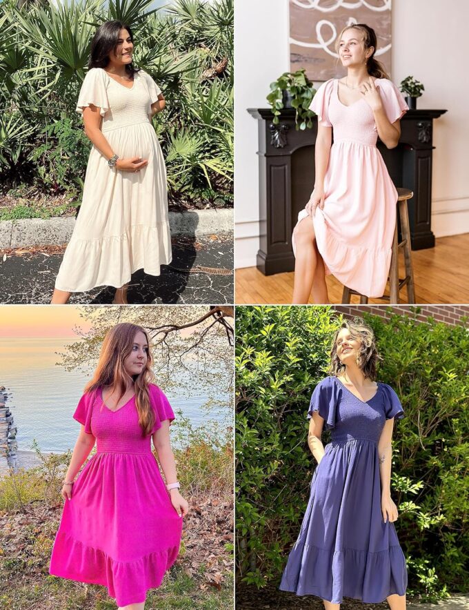 MEROKEETY Women's Summer Casual V Neck Ruffle Sleeve Smocked High Waist Midi Dress with Pockets – Bild 6