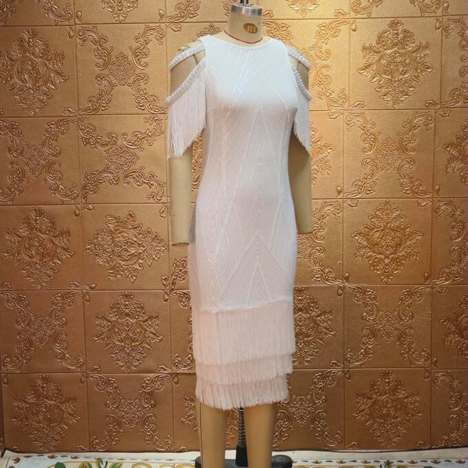 Cololura Sexy Elegant Women Sequin Short Sleeve Tassel Bodycon Midi Dress Party Evening Gown Formal Dress – Bild 7