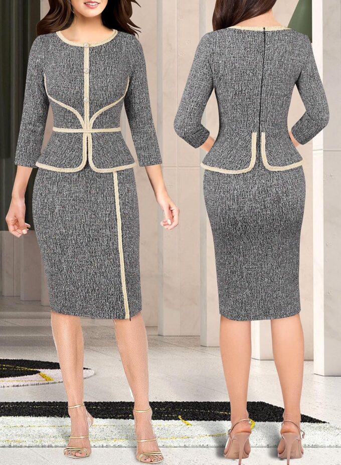 VFSHOW Damen Bleistiftkleid mit Schößchen, geteilt, für Arbeit, Büro, Kirche, Bleistiftkleid – Bild 2