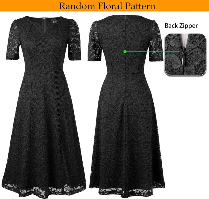 VFSHOW Women Pleated Notch V Neck Pockets Buttons Work Office Business A-Line Midi Dress – Bild 4
