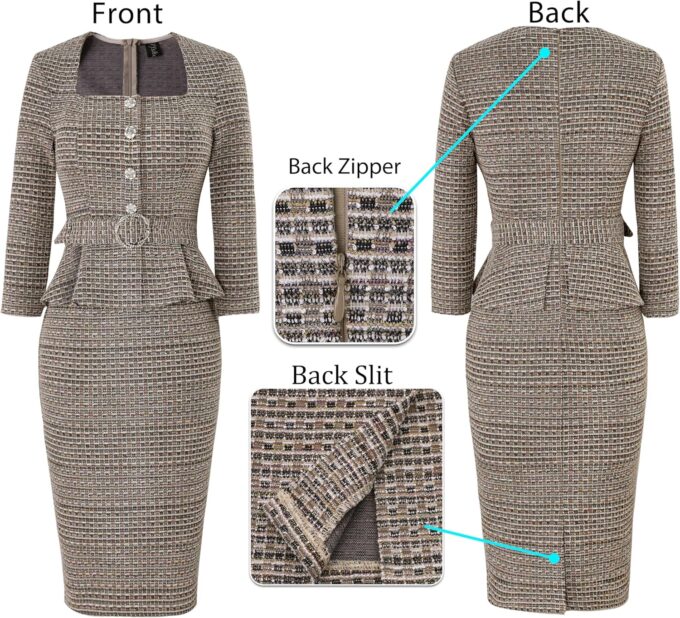 VFSHOW Damen 2024 Business Arbeit Büro Quadratischer Ausschnitt Gürtel Schößchen Knöpfe Slim Bodycon Etuikleid – Bild 6