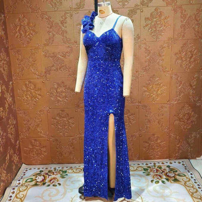 Cololura Women Sexy Elegant Sequin High Split Ruffled Hem Mermaid Party Cocktail Bodycon Formal Evening Gowns Maxi Dress – Bild 7