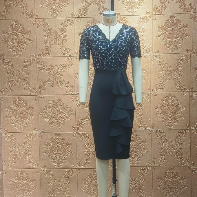 Cololura Women Elegant Floral Lace Patchwork Sequin Church Ruffle Hem Ruched Bodycon Work Midi Formal Party Pencil Dress – Bild 7