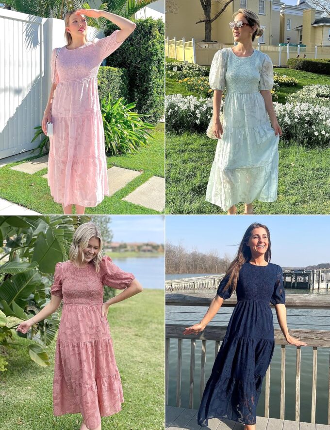 MEROKEETY Women's 2025 Summer Puff Sleeve Smocked Floral Dress Crewneck Lace Flowy Tiered Midi Dresses – Bild 6